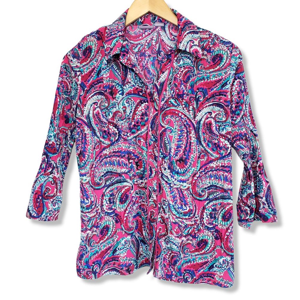 Laura Scott Purple Paisley Scrunched Button-up Blouse Size Large - Picture 2 of 8